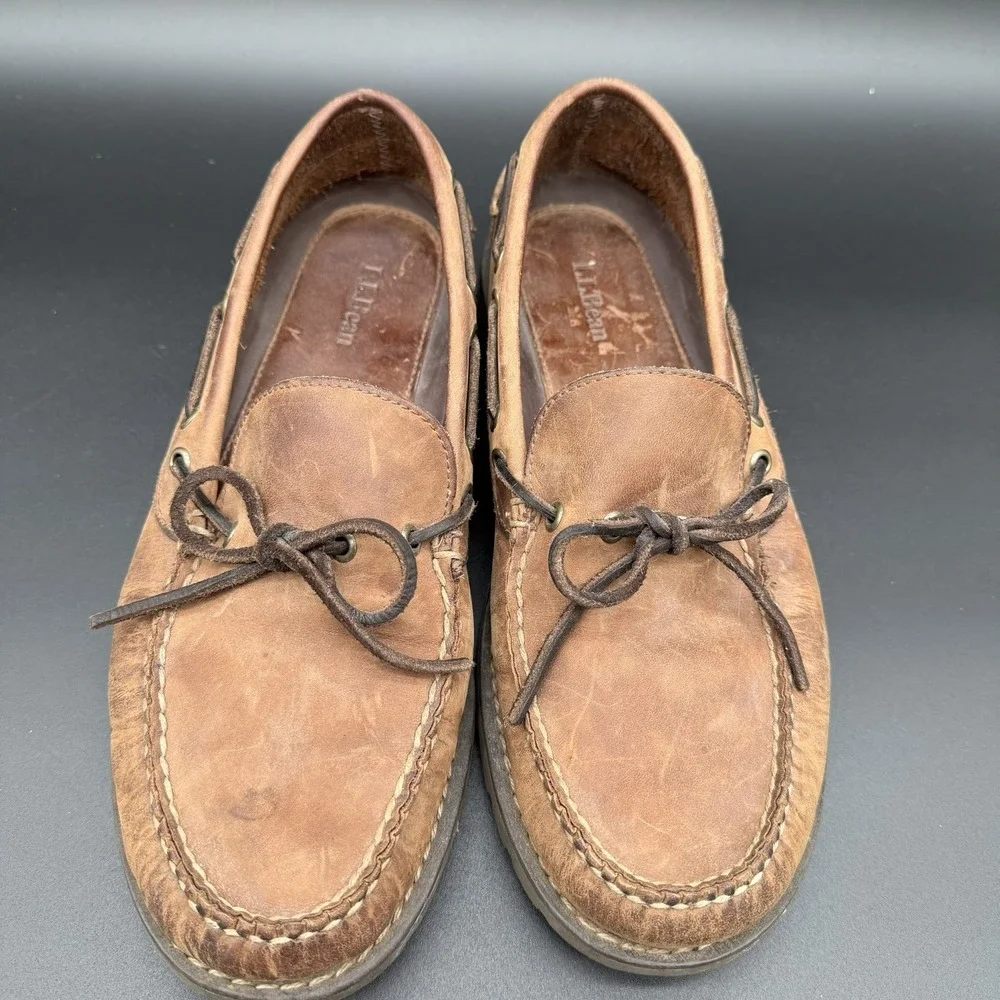 LL Bean Men's Brown Leather Slip On Boat Shoes Loafers Preppy Casual Size 10